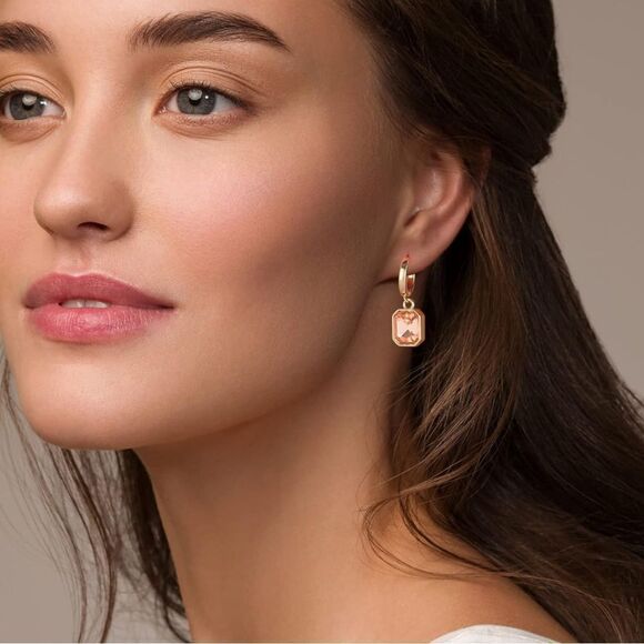 18K Yellow Gold with Champagne Topaz Crystal Dangling Octagon Huggie Earrings - Picture 5 of 7